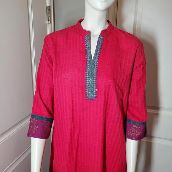 Beautiful Fuscia Cotton Kurti Tunic Sequin Embellished Women's Size XL 101cm - Picture 10 of 16